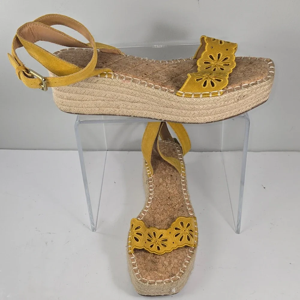 Crown Vintage Mustard Yellow Leather Floral Espadrille Platform Sandals 9.5M